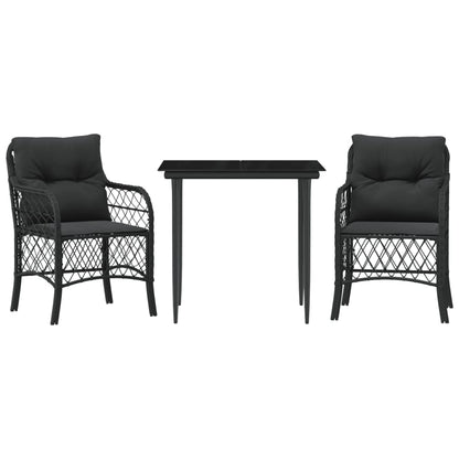3-tlg. Bistro-Set mit Kissen Schwarz Poly Rattan