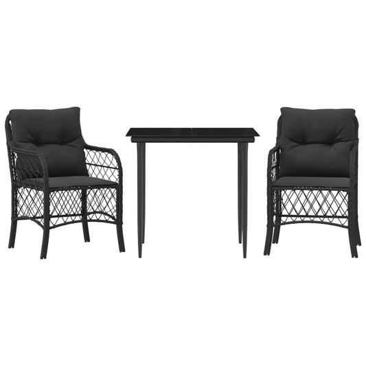 3-tlg. Bistro-Set mit Kissen Schwarz Poly Rattan