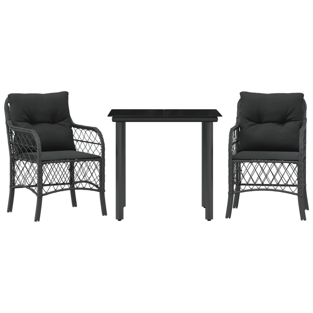 3-tlg. Bistro-Set mit Kissen Schwarz Poly Rattan