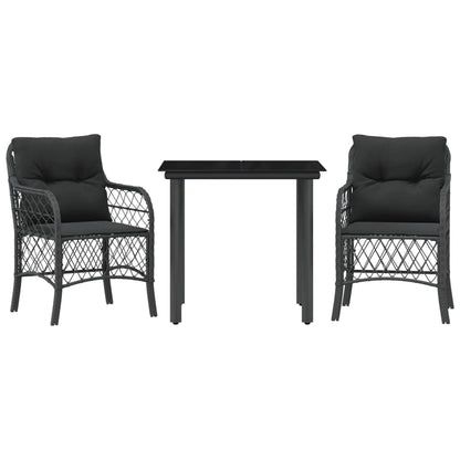 3-tlg. Bistro-Set mit Kissen Schwarz Poly Rattan