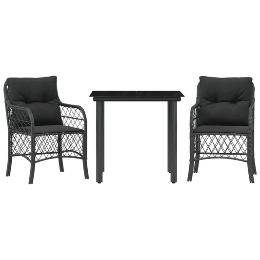 3-tlg. Bistro-Set mit Kissen Schwarz Poly Rattan
