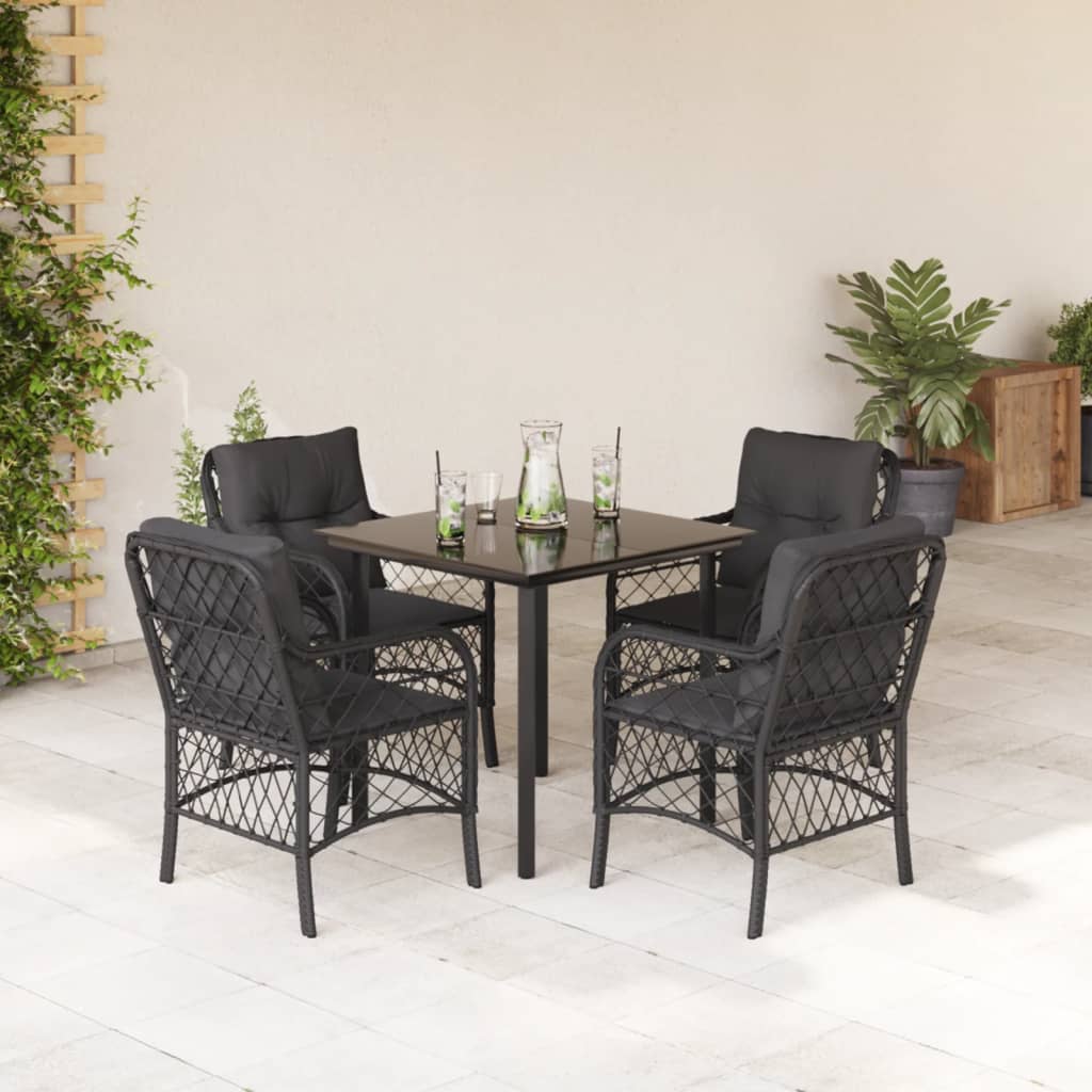 5-tlg. Garten-Essgruppe mit Kissen Schwarz Poly Rattan