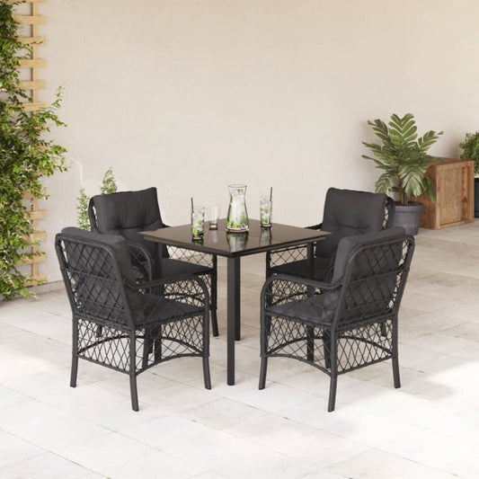 5-tlg. Garten-Essgruppe mit Kissen Schwarz Poly Rattan