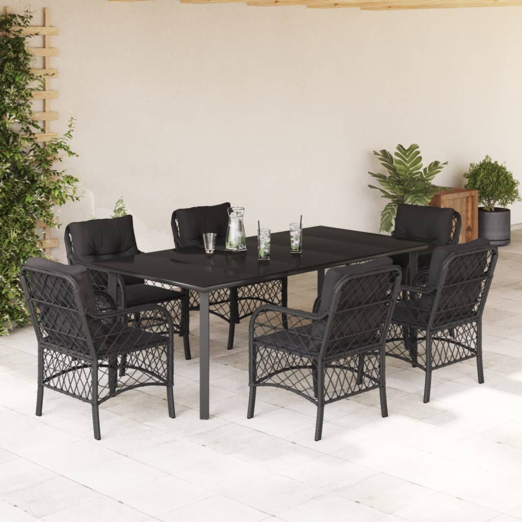 7-tlg. Garten-Essgruppe mit Kissen Schwarz Poly Rattan
