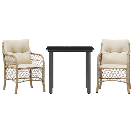 3-tlg. Bistro-Set mit Kissen Beige Poly Rattan