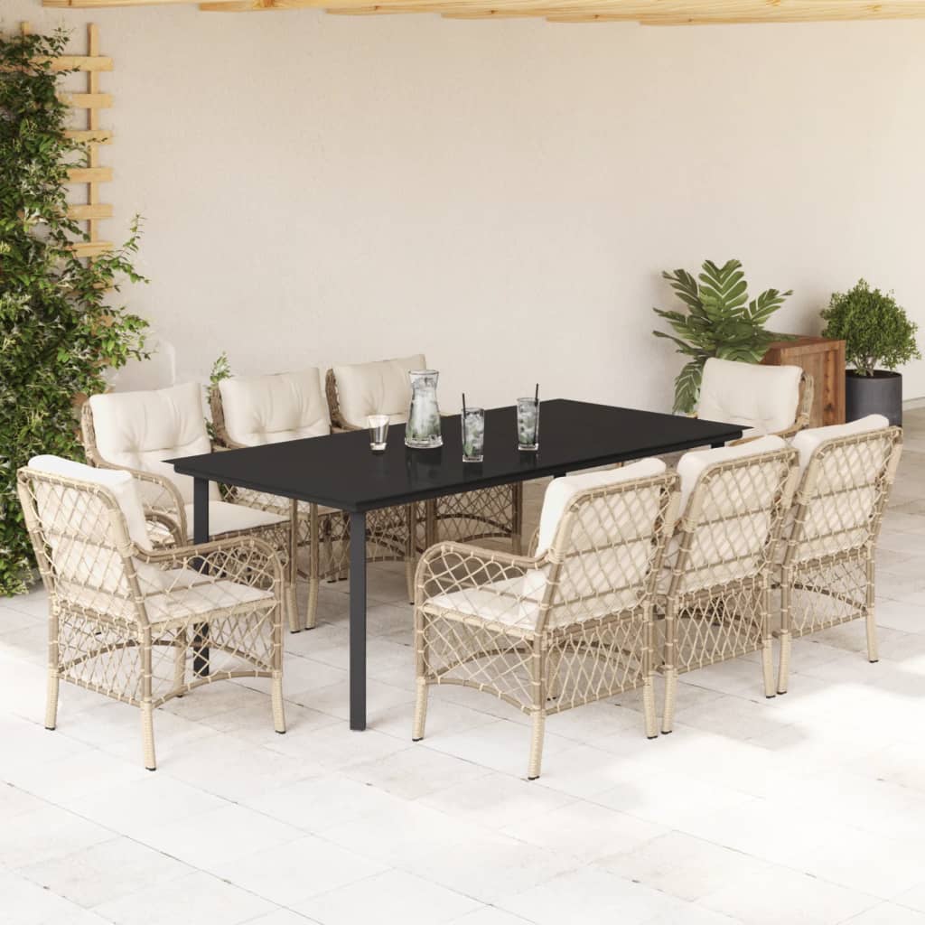 9-tlg. Garten-Essgruppe mit Kissen Beige Poly Rattan