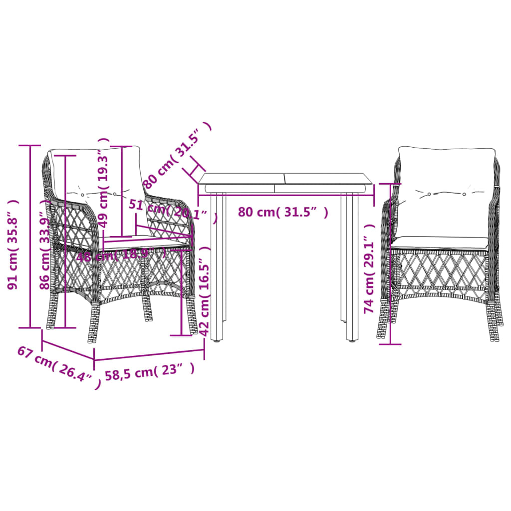 3-tlg. Bistro-Set mit Kissen Beigemischung Poly Rattan