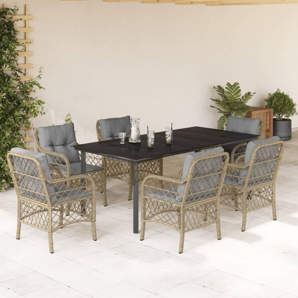 7-tlg. Garten-Essgruppe mit Kissen Beigemischung Poly Rattan