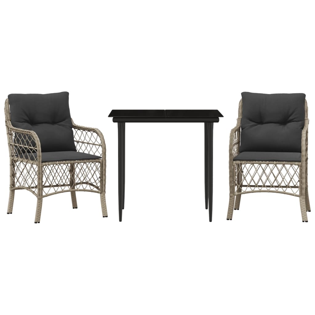 3-tlg. Bistro-Set mit Kissen Hellgrau Poly Rattan