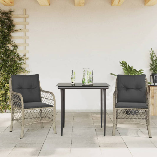 3-tlg. Bistro-Set mit Kissen Hellgrau Poly Rattan