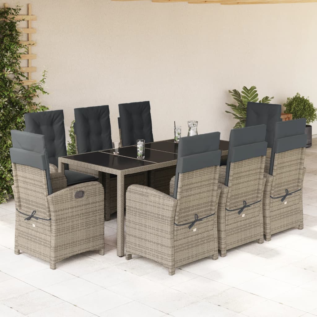 9-tlg. Garten-Essgruppe mit Kissen Grau Poly Rattan