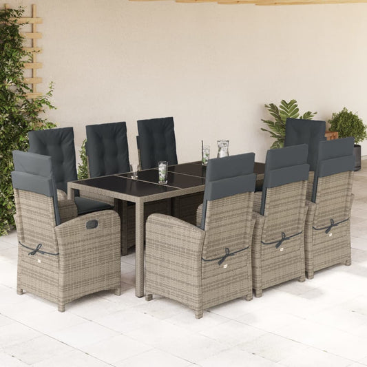 9-tlg. Garten-Essgruppe mit Kissen Grau Poly Rattan