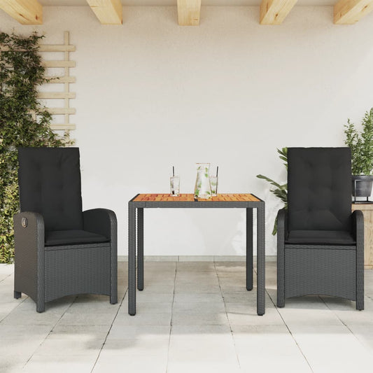 3-tlg. Garten-Essgruppe mit Kissen Schwarz Poly Rattan