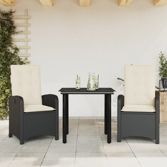 3-tlg. Garten-Essgruppe mit Kissen Schwarz Poly Rattan