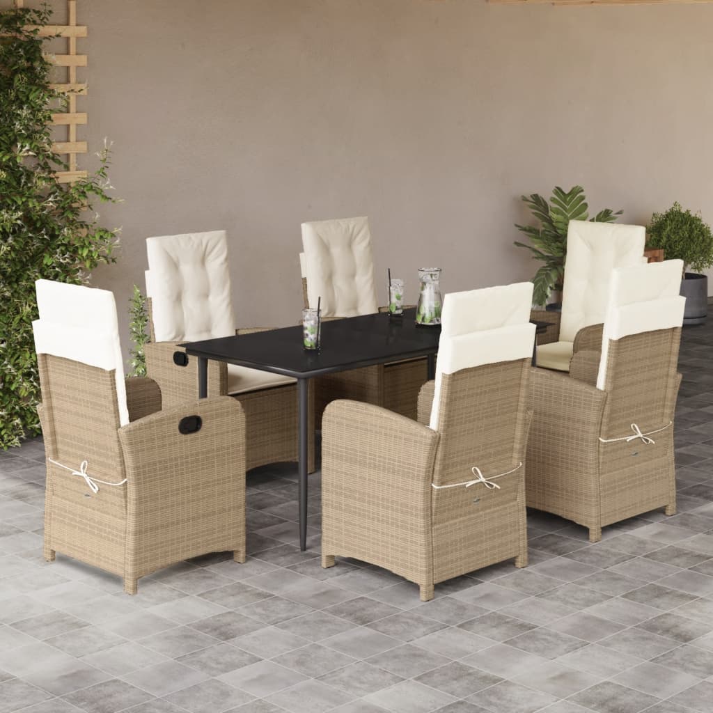 7-tlg. Garten-Essgruppe mit Kissen Beige Poly Rattan
