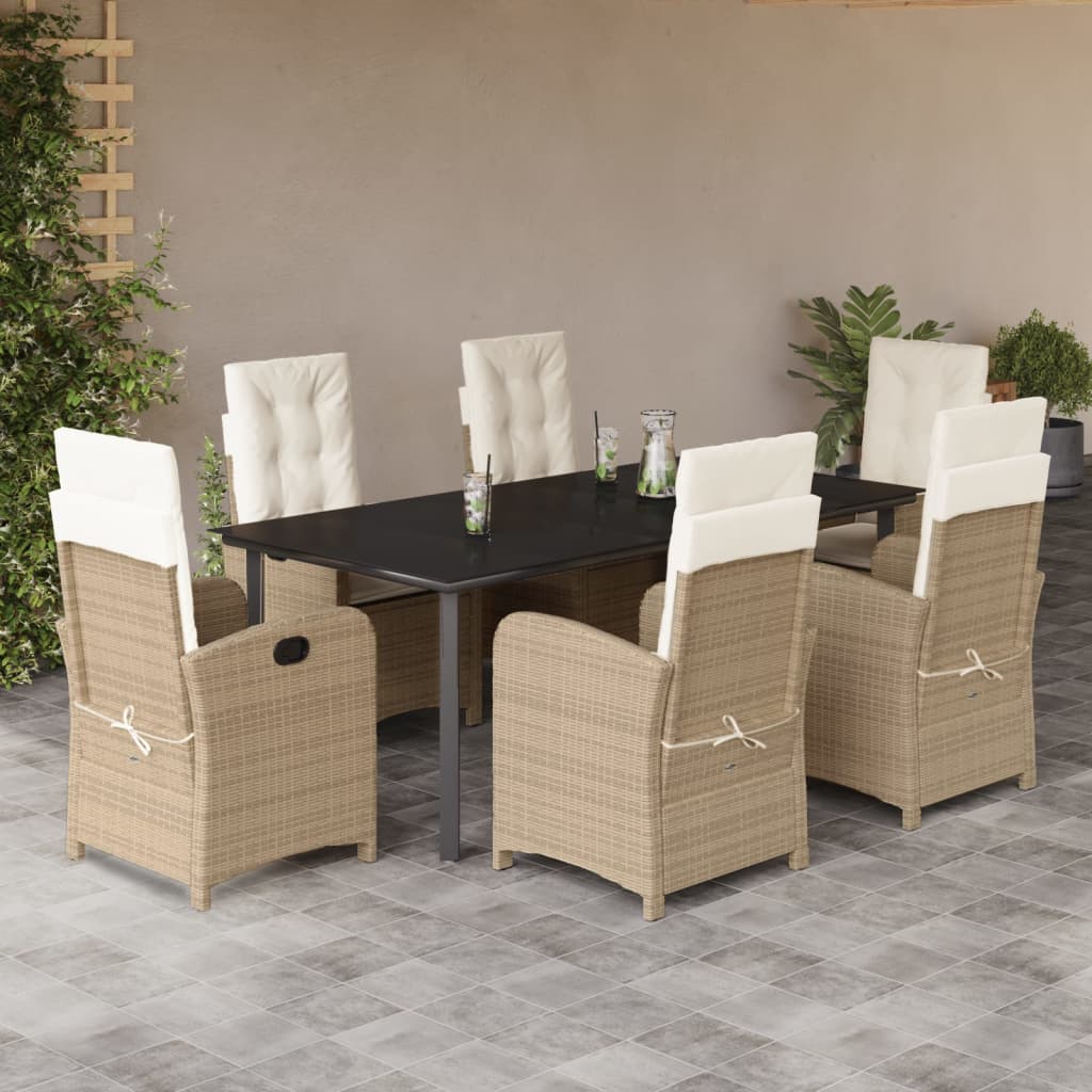 7-tlg. Garten-Essgruppe mit Kissen Beige Poly Rattan