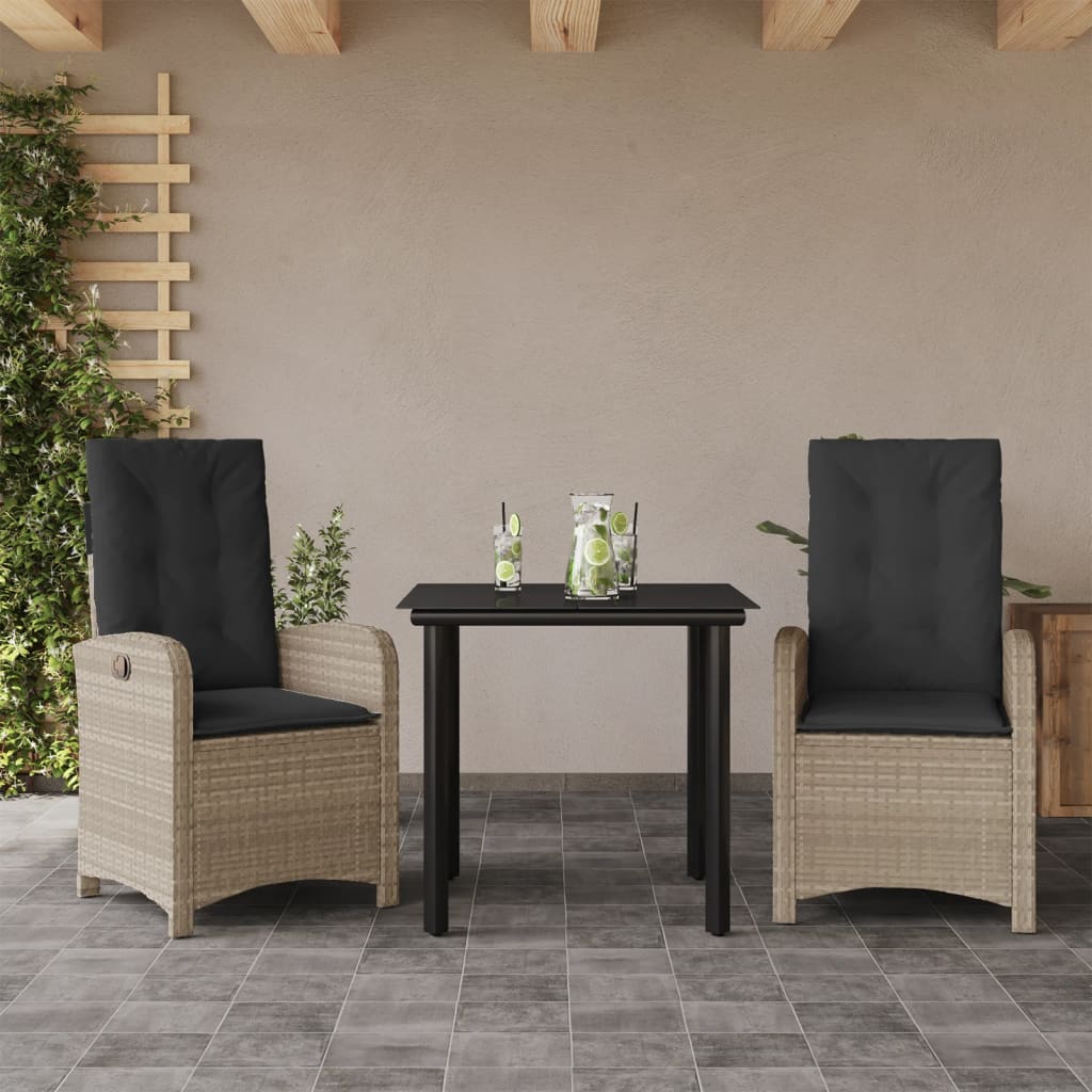 3-tlg. Garten-Essgruppe mit Kissen Hellgrau Poly Rattan