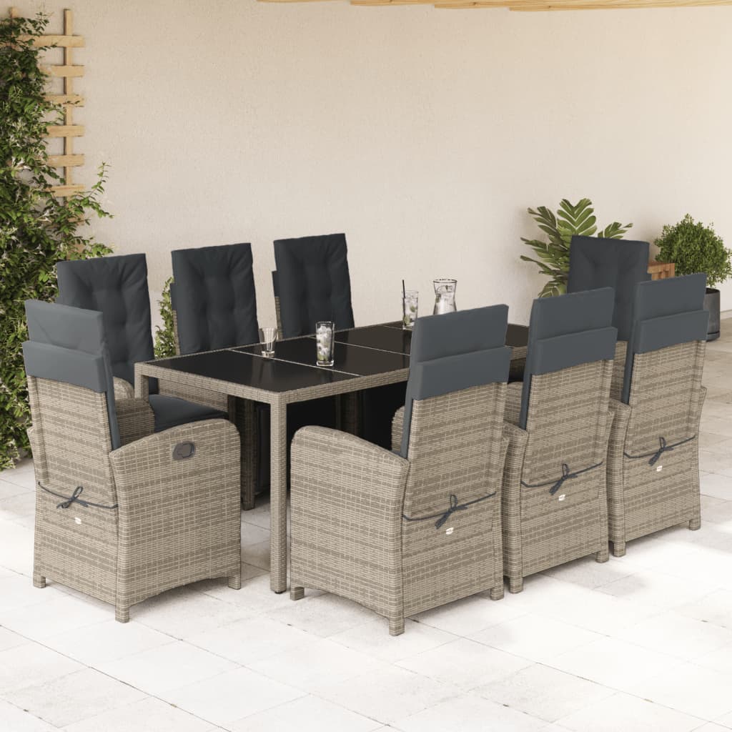 9-tlg. Garten-Essgruppe mit Kissen Grau Poly Rattan