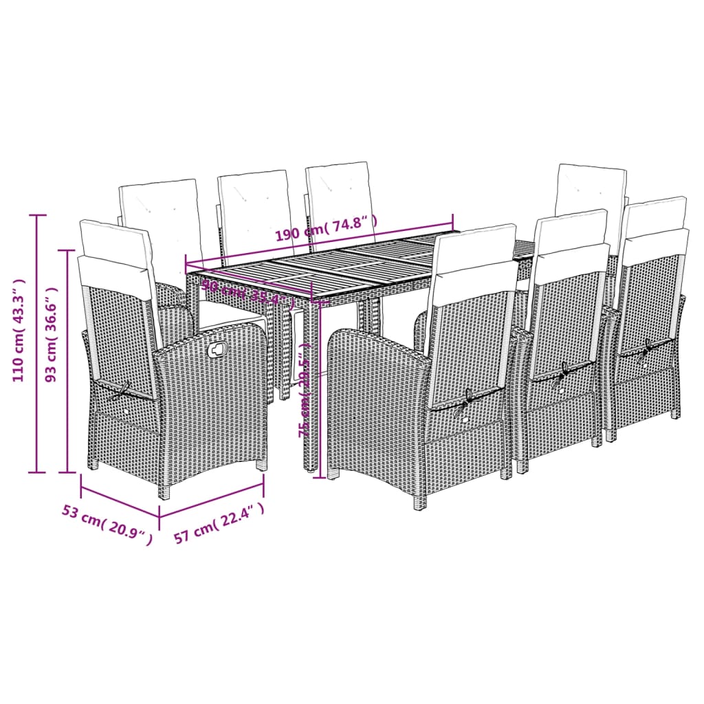 9-tlg. Garten-Essgruppe mit Kissen Schwarz Poly Rattan