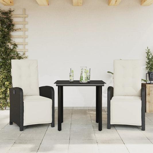 3-tlg. Bistro-Set mit Kissen Schwarz Poly Rattan