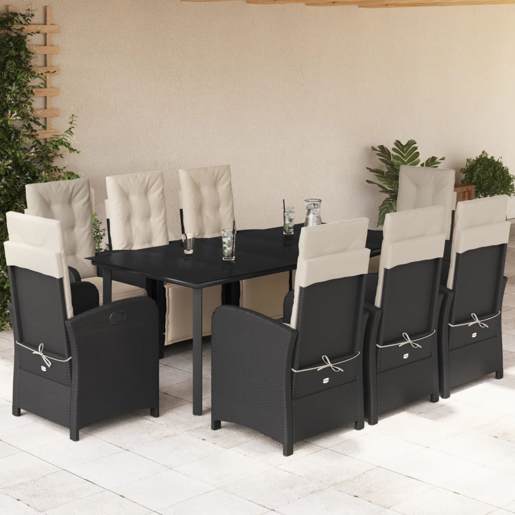 9-tlg. Garten-Essgruppe mit Kissen Schwarz Poly Rattan