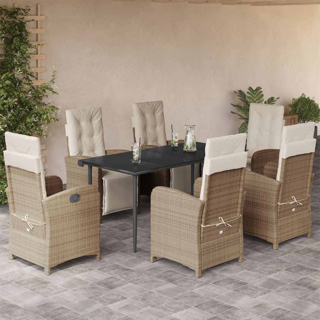 7-tlg. Garten-Essgruppe mit Kissen Beige Poly Rattan