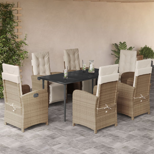 7-tlg. Garten-Essgruppe mit Kissen Beige Poly Rattan