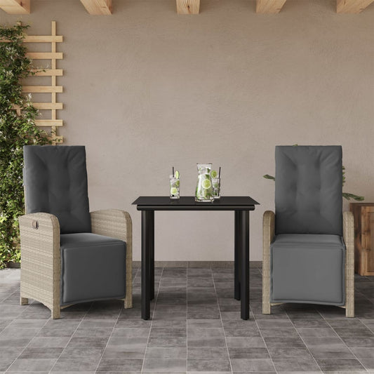 3-tlg. Bistro-Set mit Kissen Hellgrau Poly Rattan