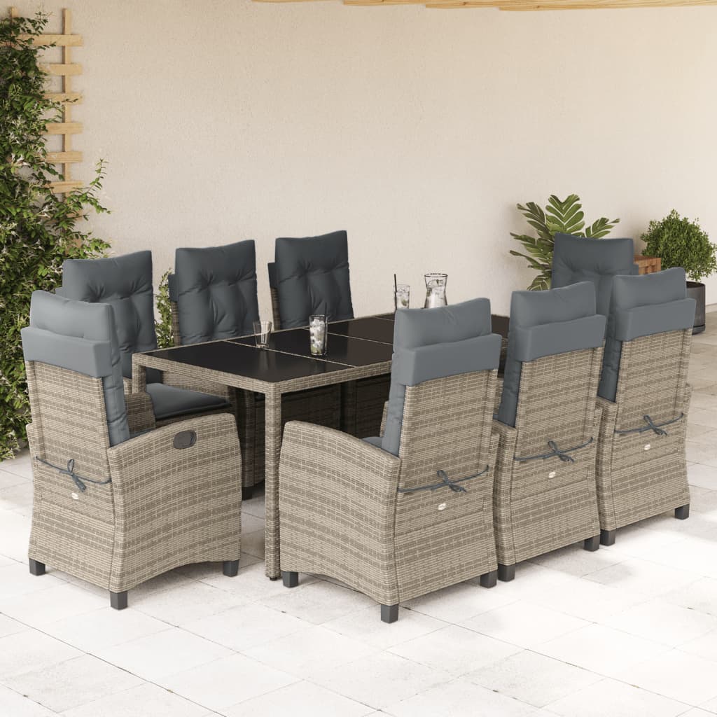 9-tlg. Garten-Essgruppe mit Kissen Grau Poly Rattan