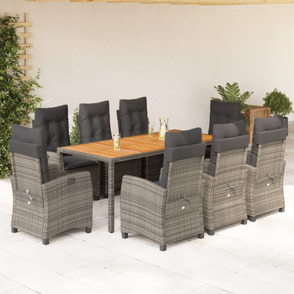 9-tlg. Garten-Essgruppe mit Kissen Grau Poly Rattan