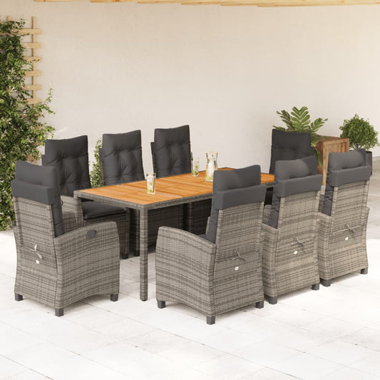 9-tlg. Garten-Essgruppe mit Kissen Grau Poly Rattan
