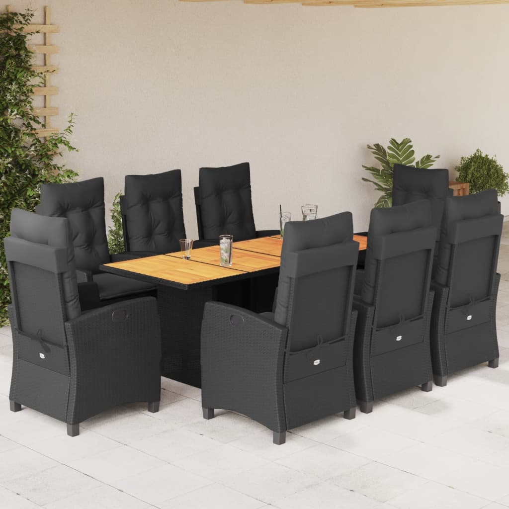 9-tlg. Garten-Essgruppe mit Kissen Schwarz Poly Rattan