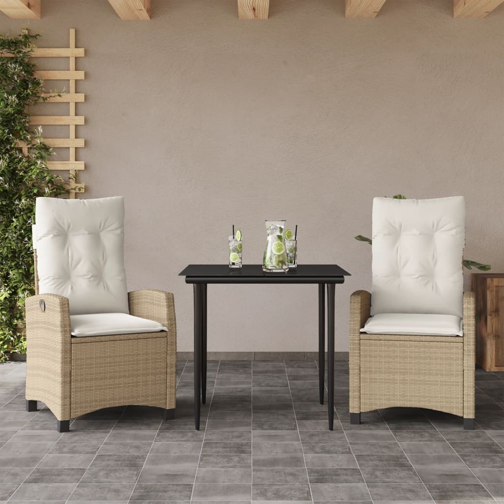 3-tlg. Garten-Essgruppe mit Kissen Beige Poly Rattan