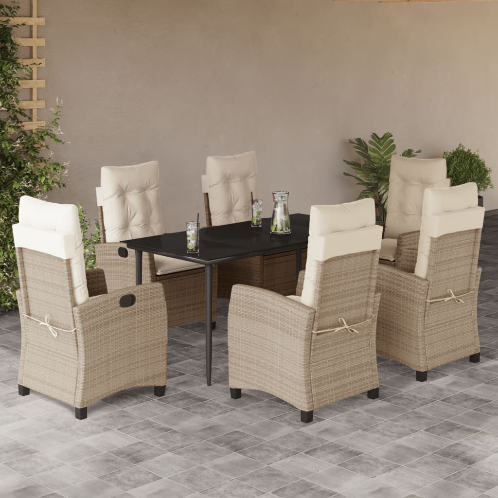 7-tlg. Garten-Essgruppe mit Kissen Beige Poly Rattan