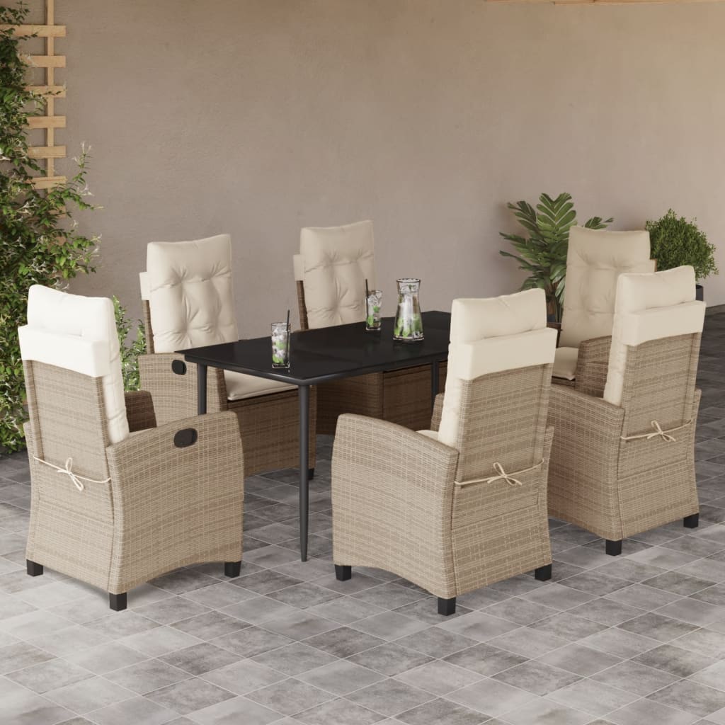 7-tlg. Garten-Essgruppe mit Kissen Beige Poly Rattan