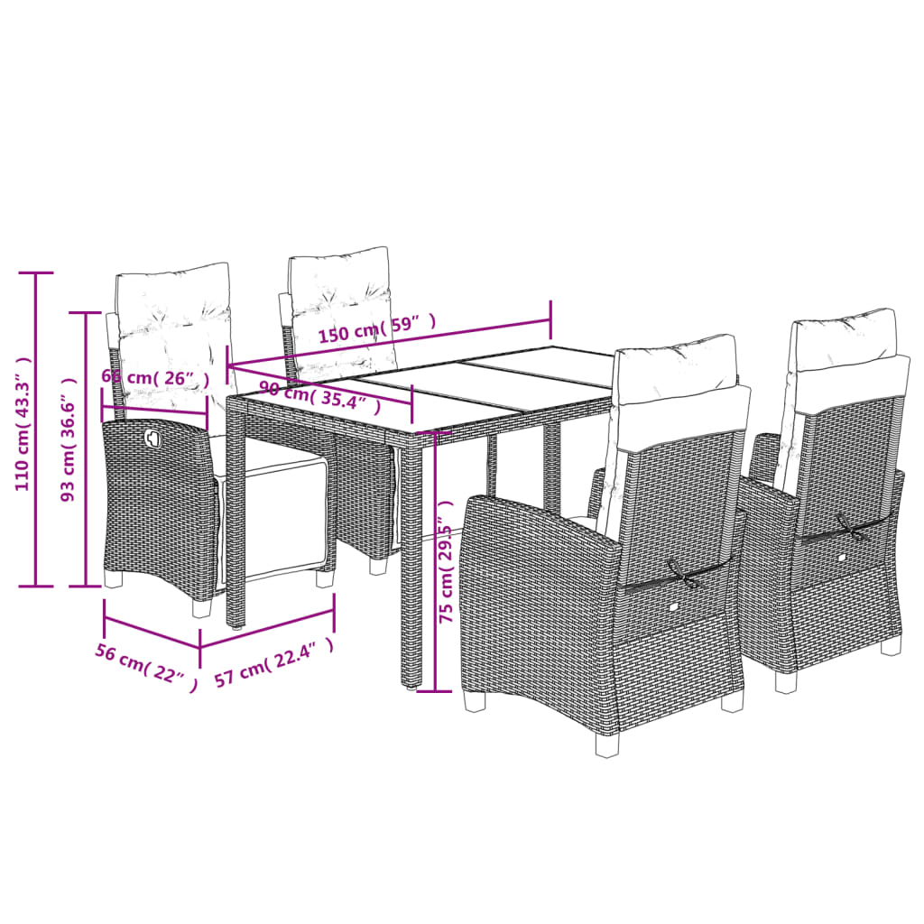 5-tlg. Garten-Essgruppe mit Kissen Schwarz Poly Rattan