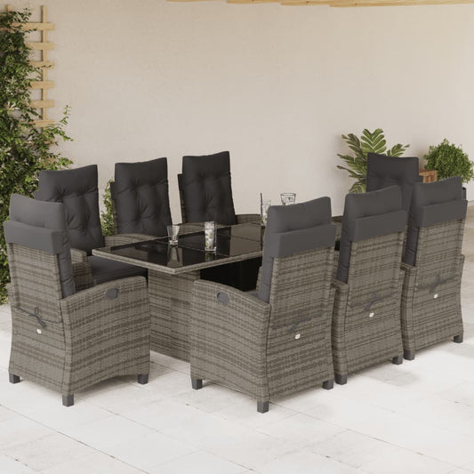 9-tlg. Garten-Essgruppe mit Kissen Grau Poly Rattan
