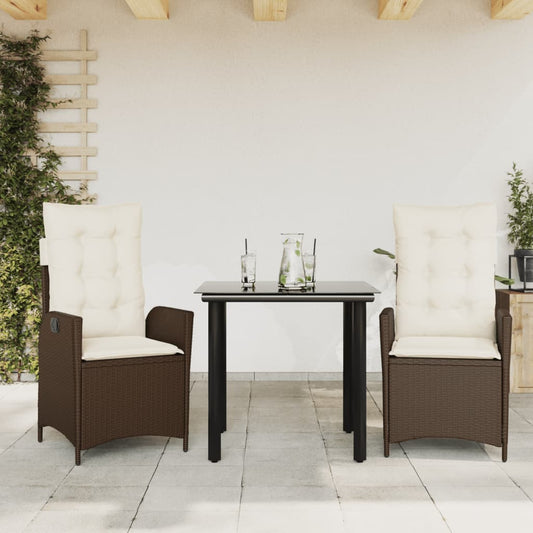 3-tlg. Garten-Essgruppe mit Kissen Braun Poly Rattan