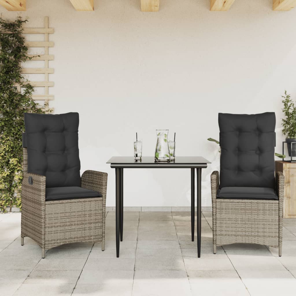 3-tlg. Garten-Essgruppe mit Kissen Grau Poly Rattan