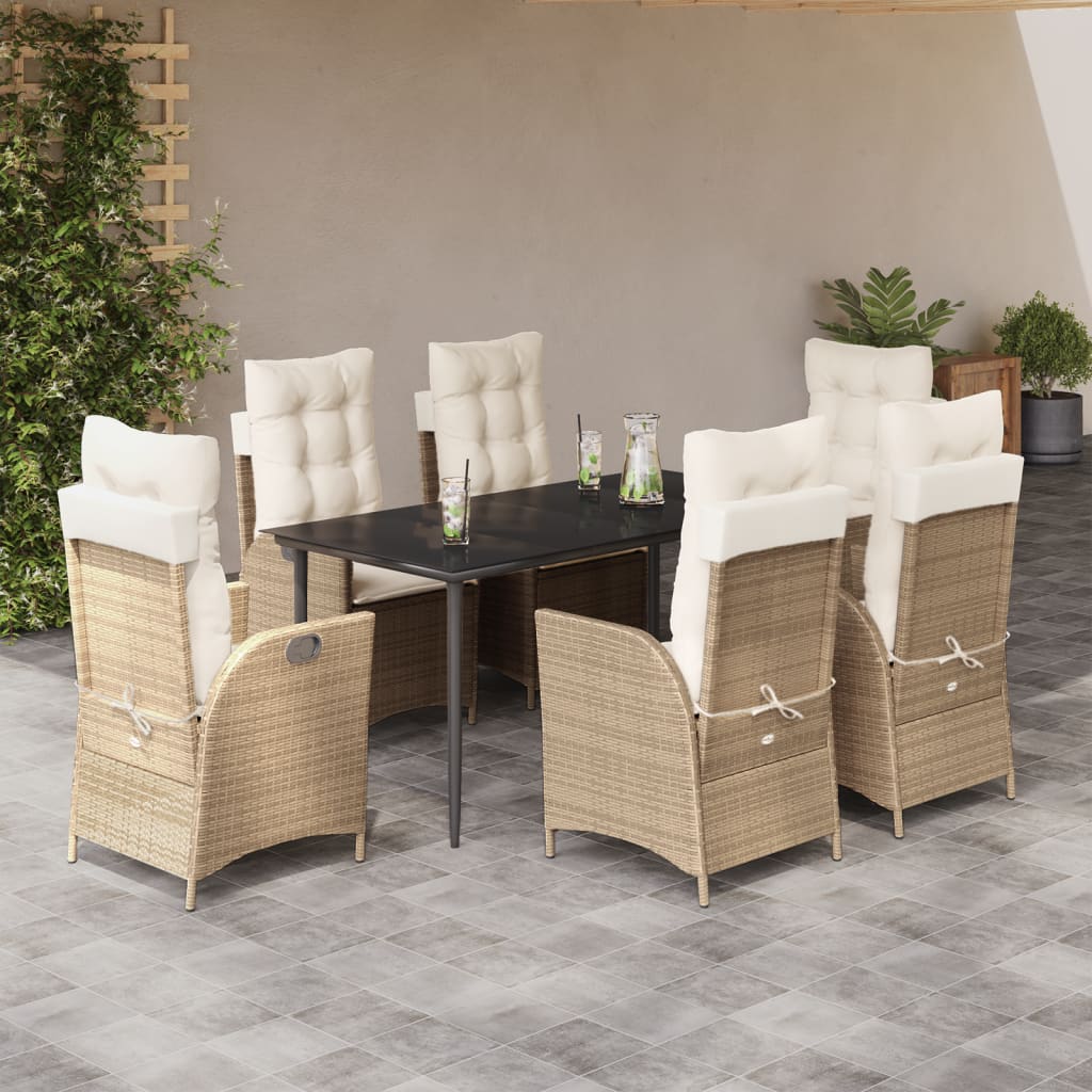 7-tlg. Garten-Essgruppe mit Kissen Beige Poly Rattan