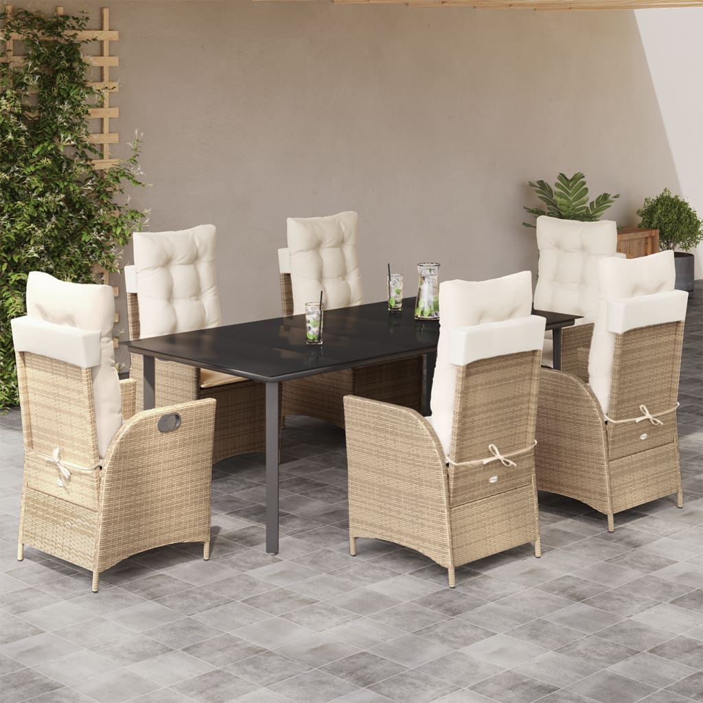 7-tlg. Garten-Essgruppe mit Kissen Beige Poly Rattan