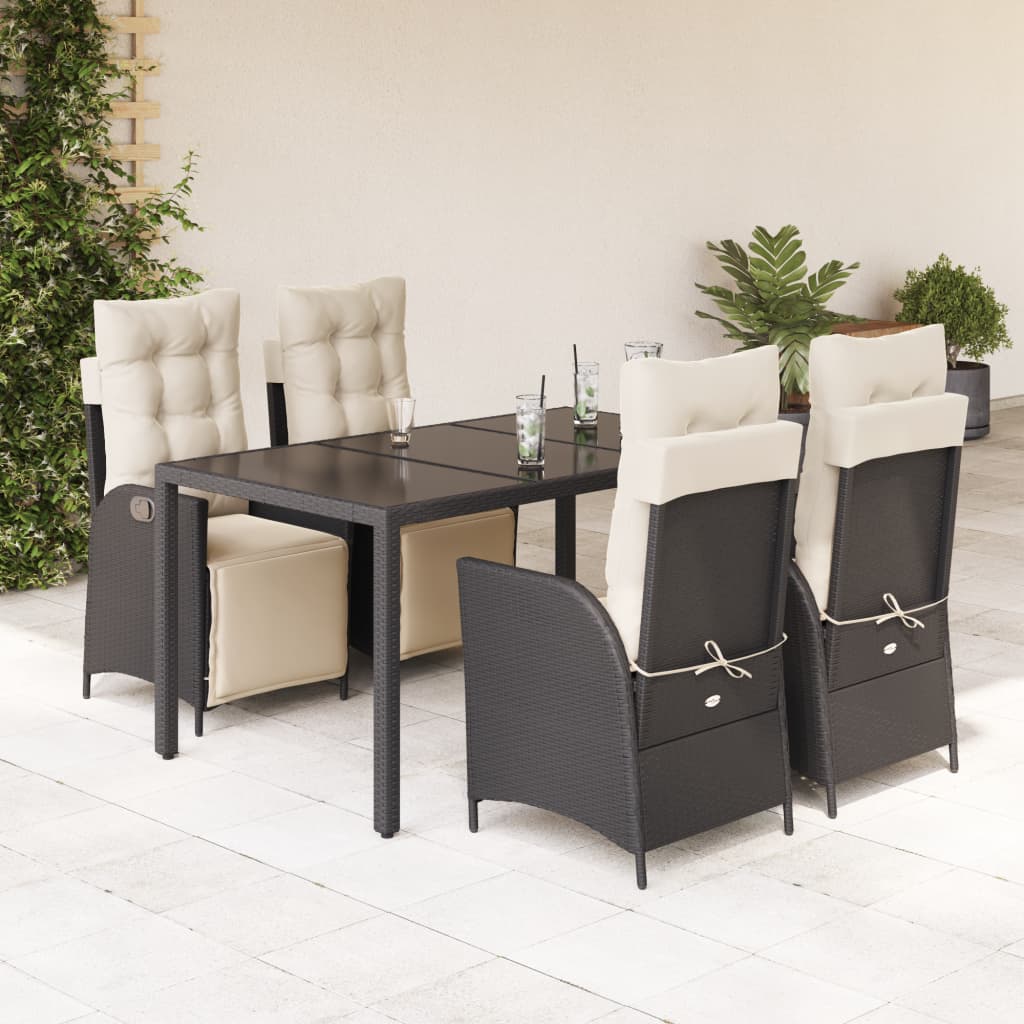 5-tlg. Garten-Essgruppe mit Kissen Schwarz Poly Rattan