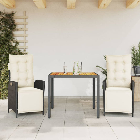 3-tlg. Garten-Essgruppe mit Kissen Schwarz Poly Rattan