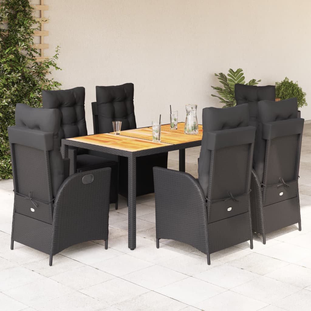 7-tlg. Garten-Essgruppe mit Kissen Schwarz Poly Rattan