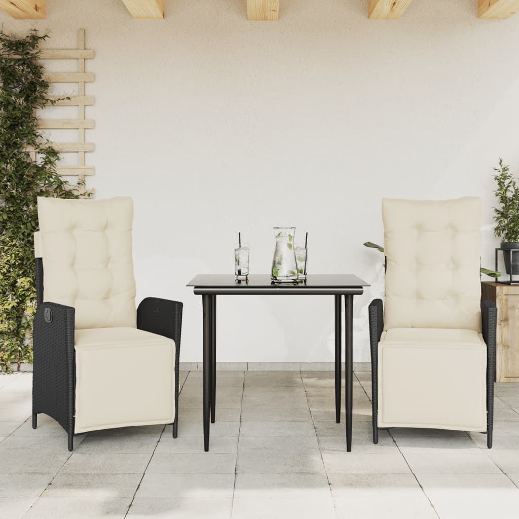 3-tlg. Garten-Essgruppe mit Kissen Schwarz Poly Rattan