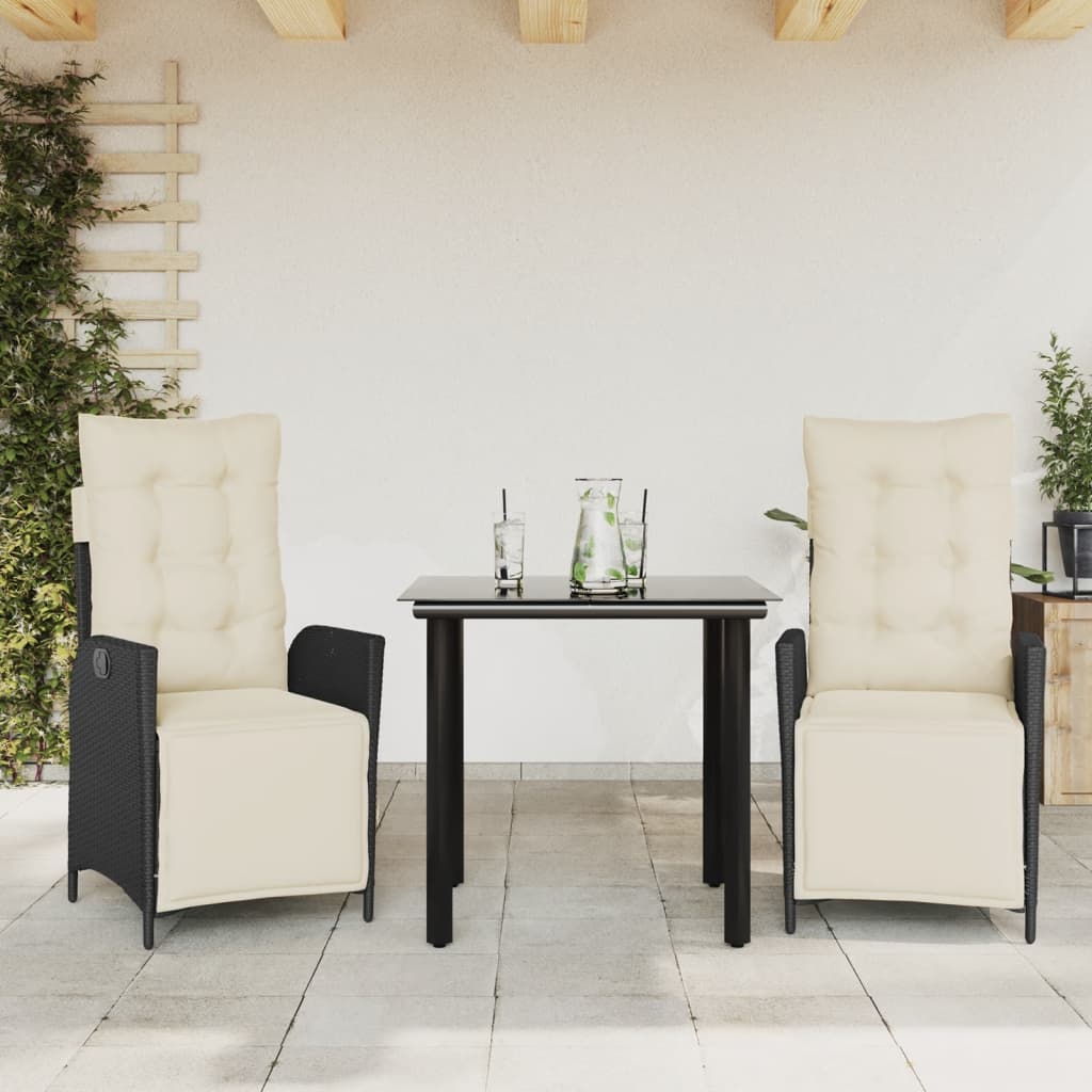 3-tlg. Garten-Essgruppe mit Kissen Schwarz Poly Rattan