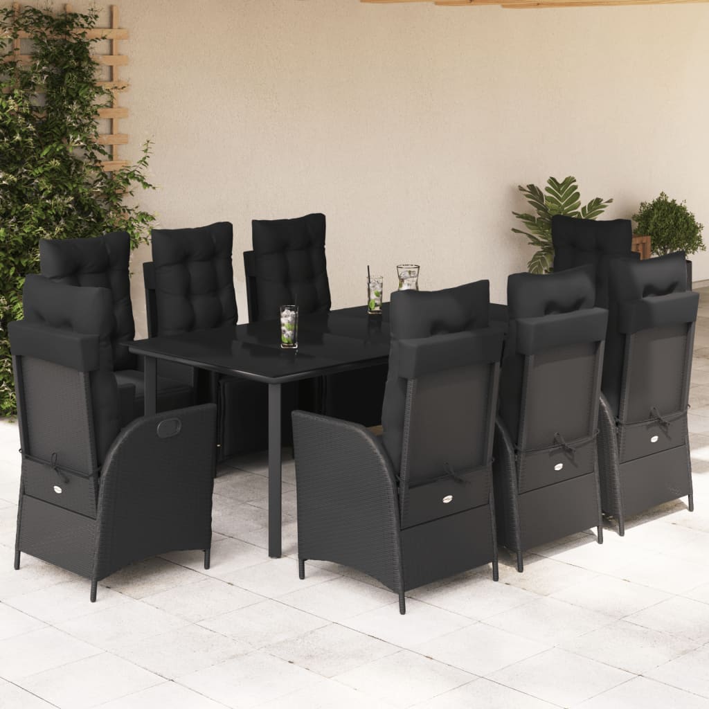 9-tlg. Garten-Essgruppe mit Kissen Schwarz Poly Rattan