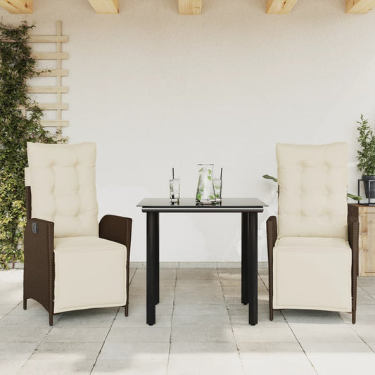 3-tlg. Garten-Essgruppe mit Kissen Braun Poly Rattan