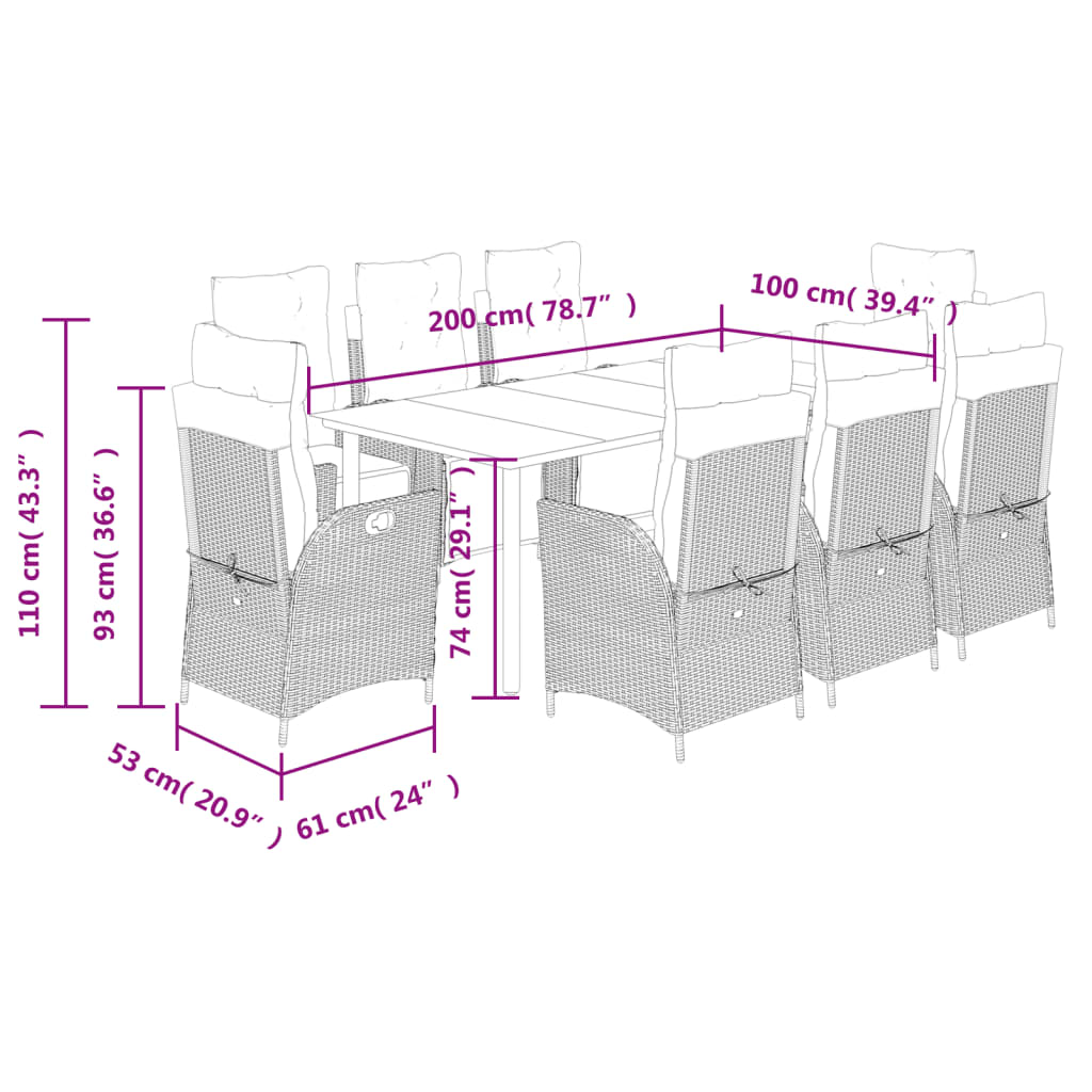 9-tlg. Garten-Essgruppe mit Kissen Braun Poly Rattan