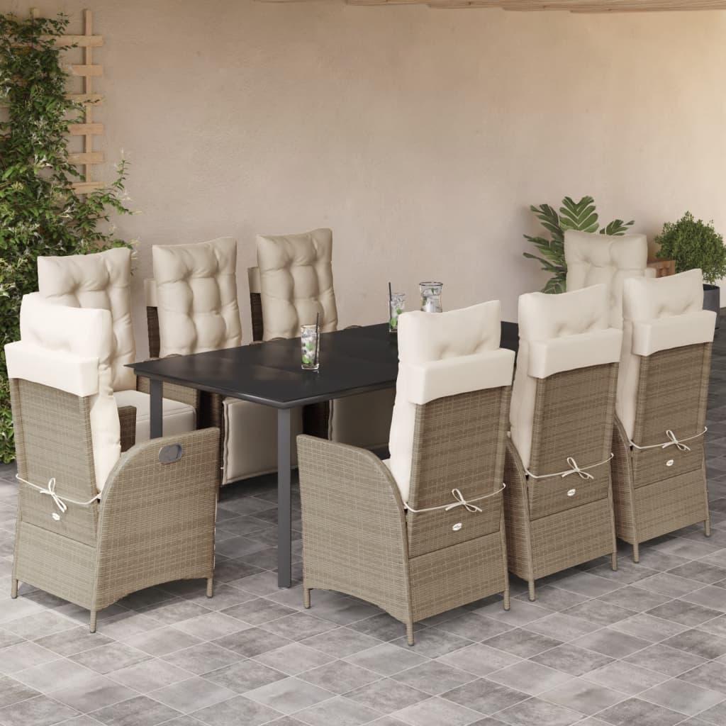 9-tlg. Garten-Essgruppe mit Kissen Beige Poly Rattan